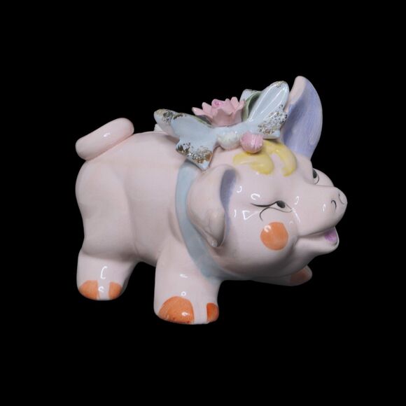 Vintage Lefton Cottagecore Kitsch Ceramic 3D Flower Pink Pig Piggy Coin Bank - Picture 1 of 12